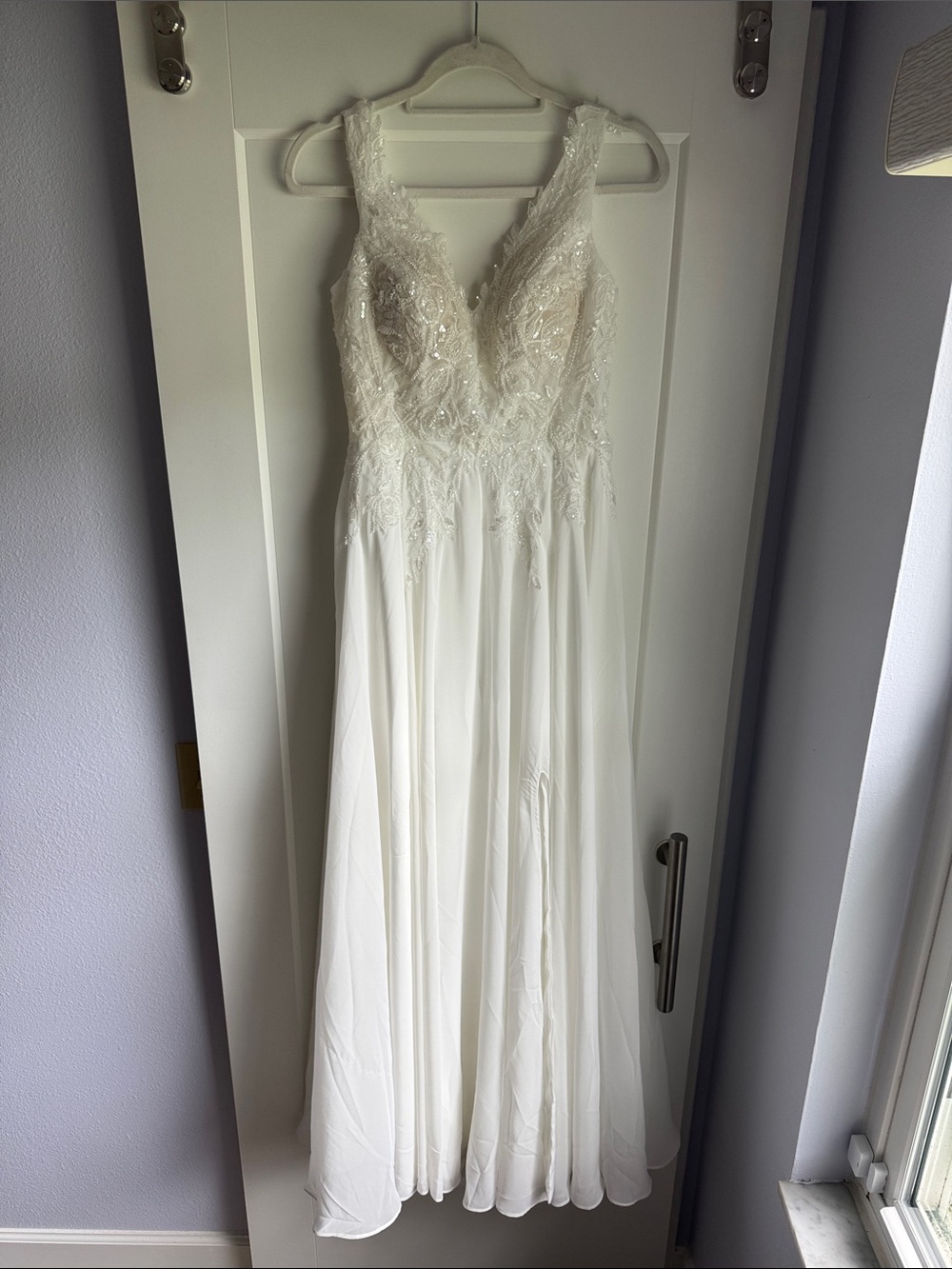 Ivory Beaded V-Neck Chiffon Wedding Dress with side slit